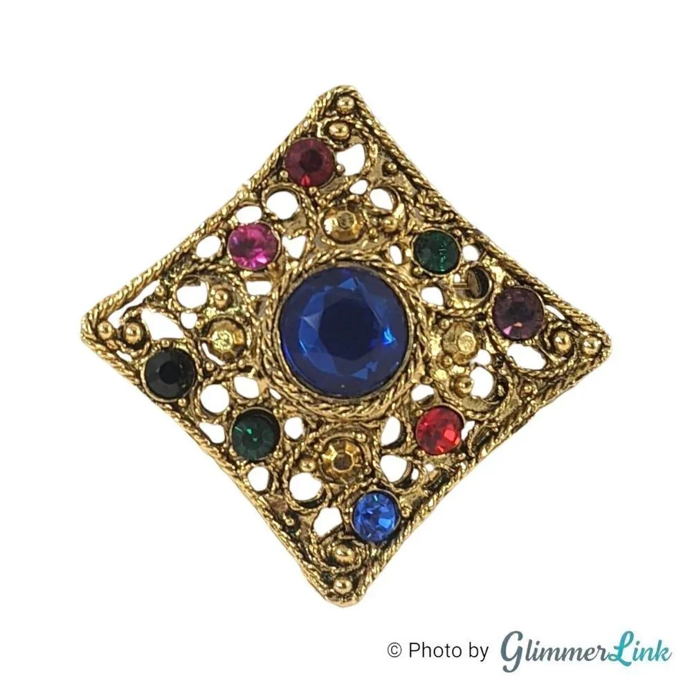 Vintage Multicolor Square Filigree Gold Tone Brooch Pin